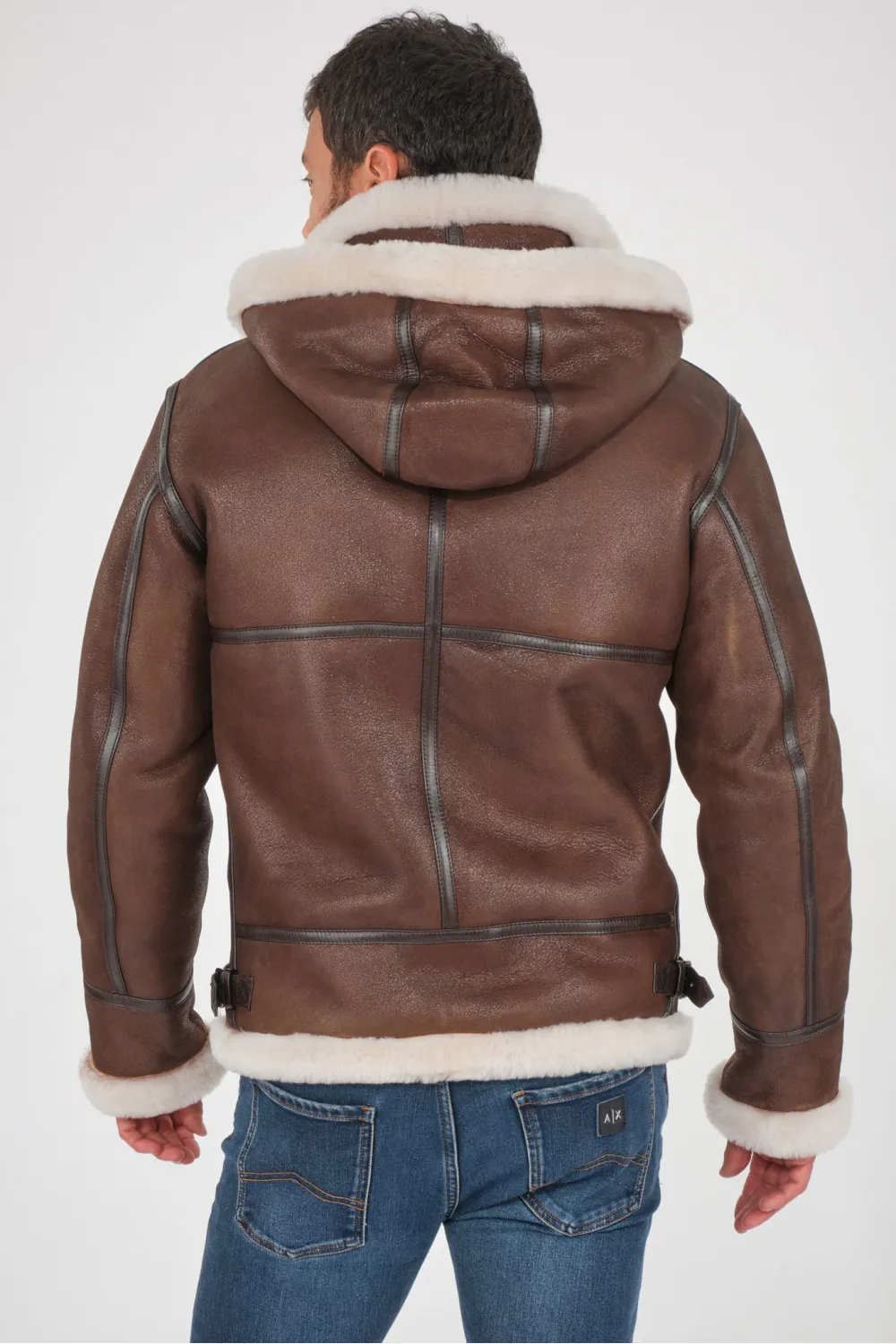 Blouson à capuche mouton lainé véritable, Caractère Cuir - AUGUSTE ICON BOMBARDIER/HOOD Marron | Cesare Nori