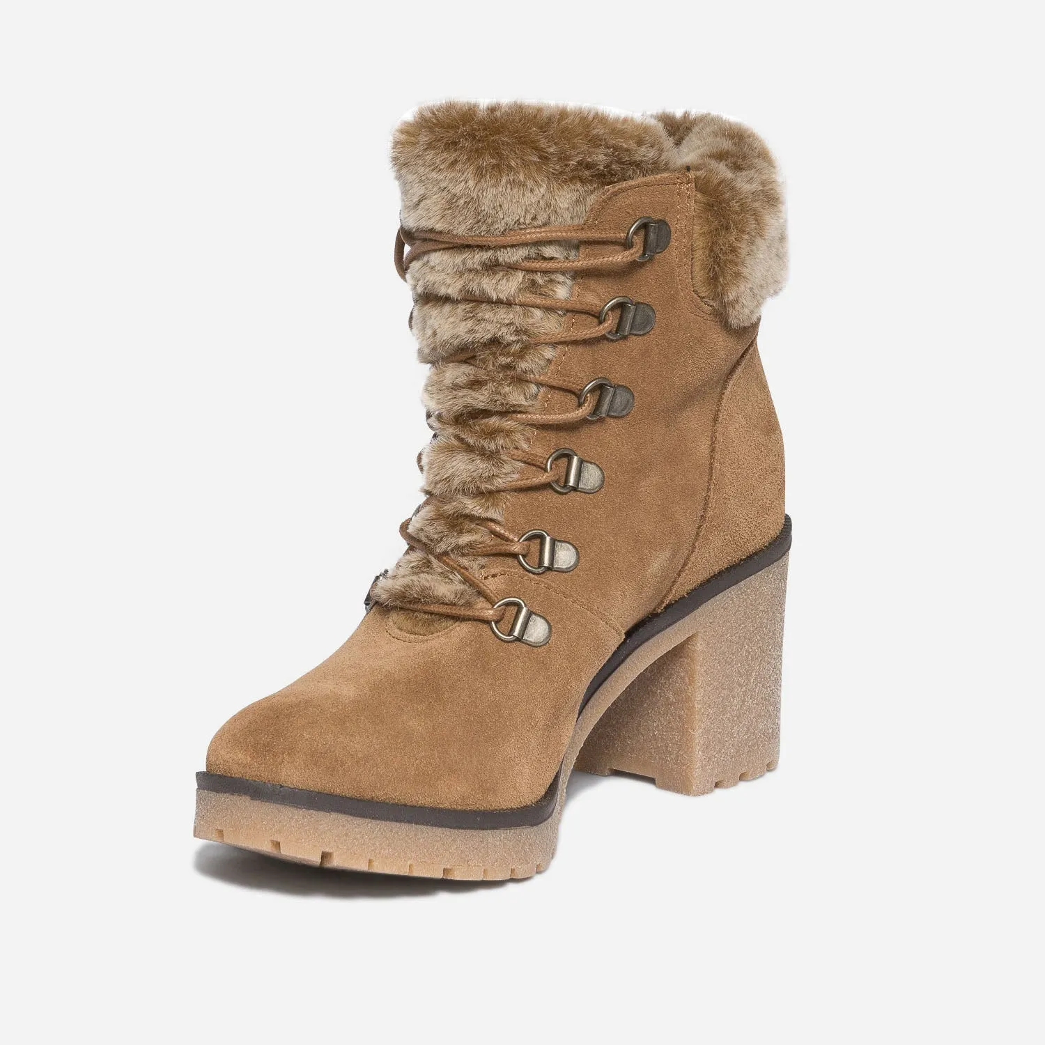 Bottine à talon camel cuir velours à col fourré - Boots / bottines Femme | ERAM