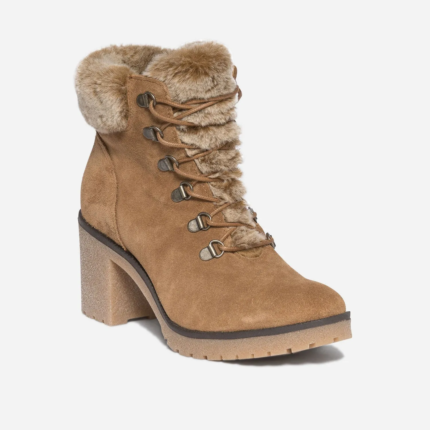 Bottine à talon camel cuir velours à col fourré - Boots / bottines Femme | ERAM