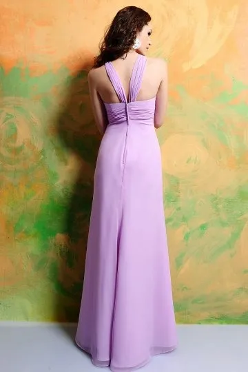 Chic robe lilas longue col halter ligne A empire en mousseline