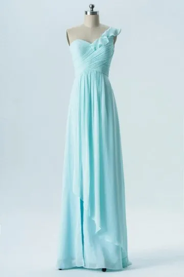 Chic robe témoin mariage bleu pastel col asymétrique à volants en mousseline