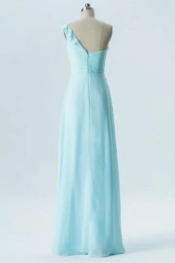 Chic robe témoin mariage bleu pastel col asymétrique à volants en mousseline