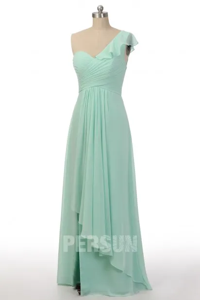 Chic robe témoin mariage bleu pastel col asymétrique à volants en mousseline