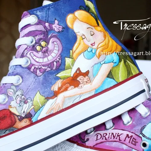 Custom shoes baskets converse 37 alice au pays des merveilles - pointure 37 - cheshire chaussures customisées alice in wonderlan