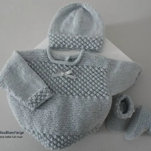 Ensemble 3 mois, brassière bonnet et chaussons, bb gris comète layette tricot bb tricot bébé sur commande