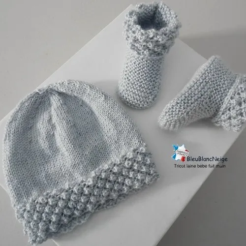 Ensemble 3 mois, brassière bonnet et chaussons, bb gris comète layette tricot bb tricot bébé sur commande