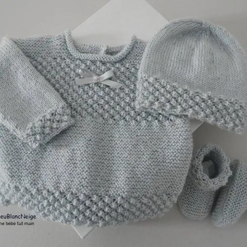 Ensemble 3 mois, brassière bonnet et chaussons, bb gris comète layette tricot bb tricot bébé sur commande