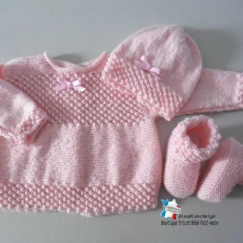 Ensemble 3 mois, brassière bonnet et chaussons, bb rose barbapapa layette tricot bb tricot bébé sur commande