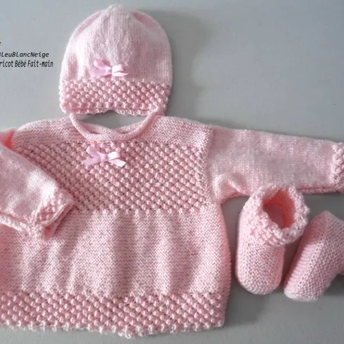 Ensemble 3 mois, brassière bonnet et chaussons, bb rose barbapapa layette tricot bb tricot bébé sur commande