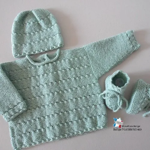 Ensemble brassière bébé 1 mois, bonnet et chaussons, vert limonade mixte tricot bebe layette sur commande