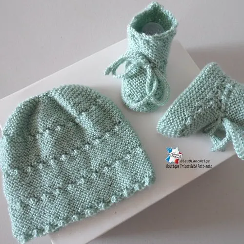 Ensemble brassière bébé 1 mois, bonnet et chaussons, vert limonade mixte tricot bebe layette sur commande