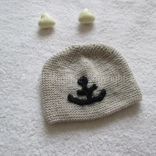 Ensemble bébé cache-coeur, bonnet, chaussons "ancre" tricot fait-main laine 6 mois