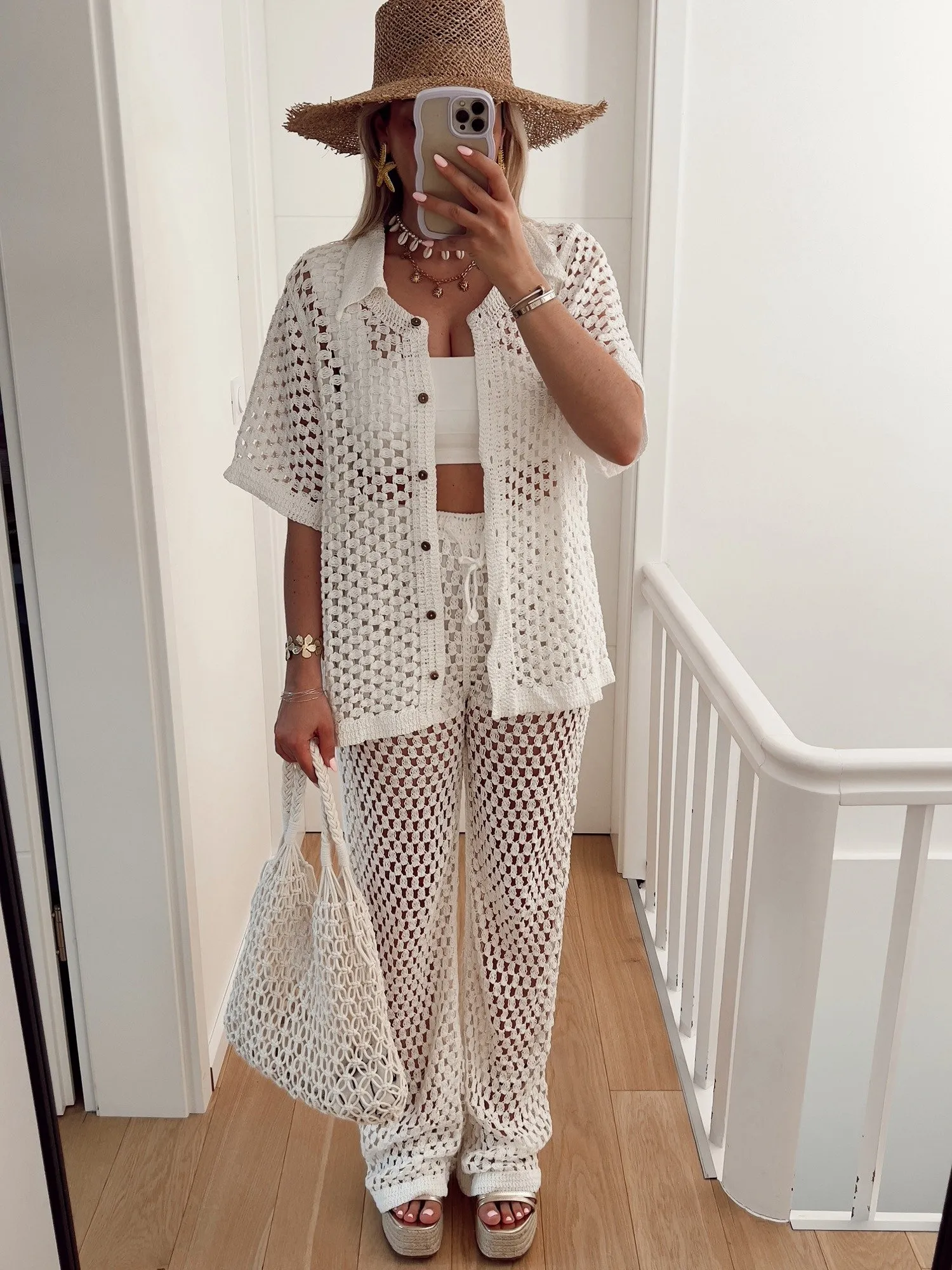 Ensemble JACOB Chemise manches courtes et pantalon en crochet blanc