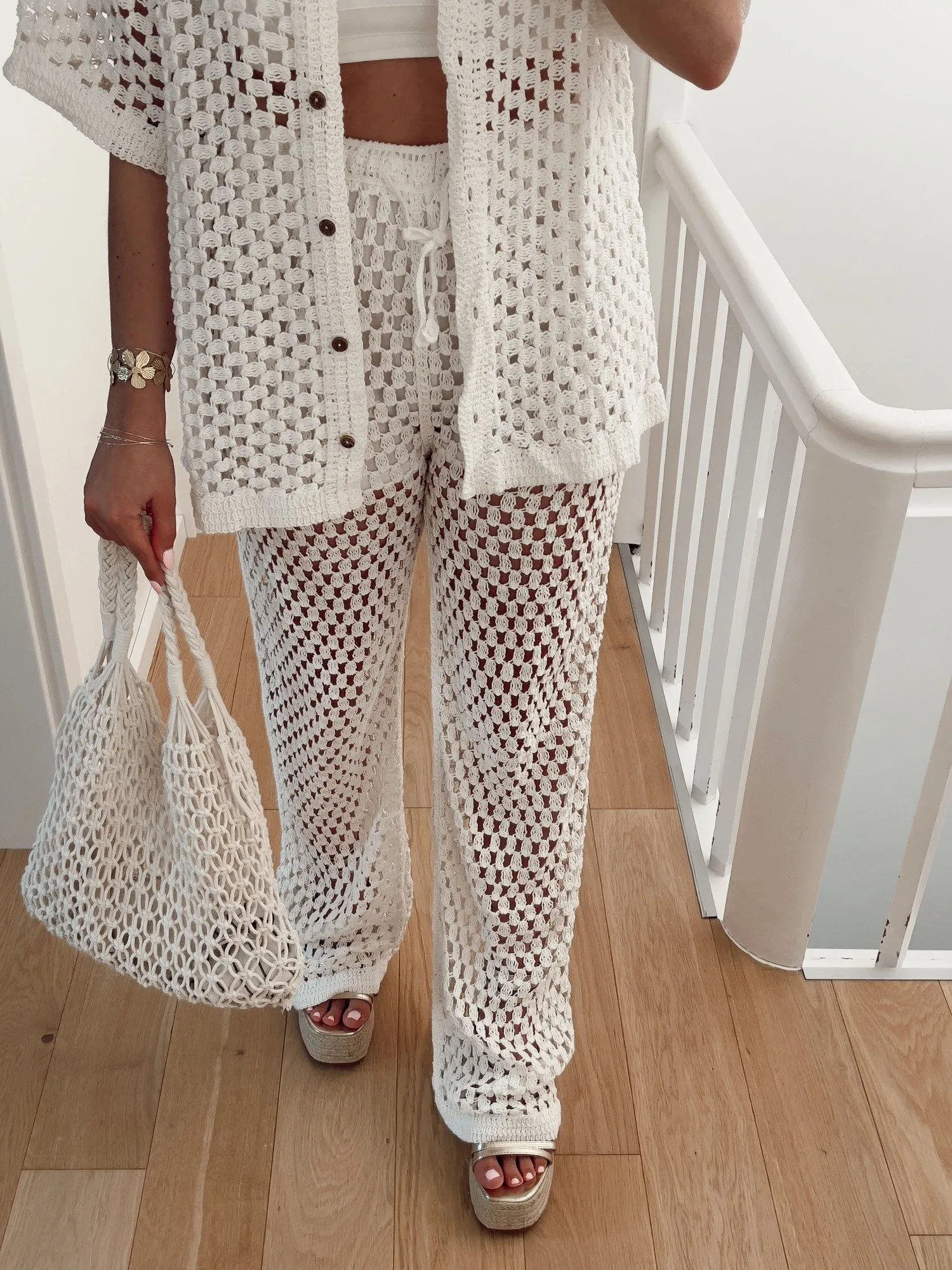 Ensemble JACOB Chemise manches courtes et pantalon en crochet blanc