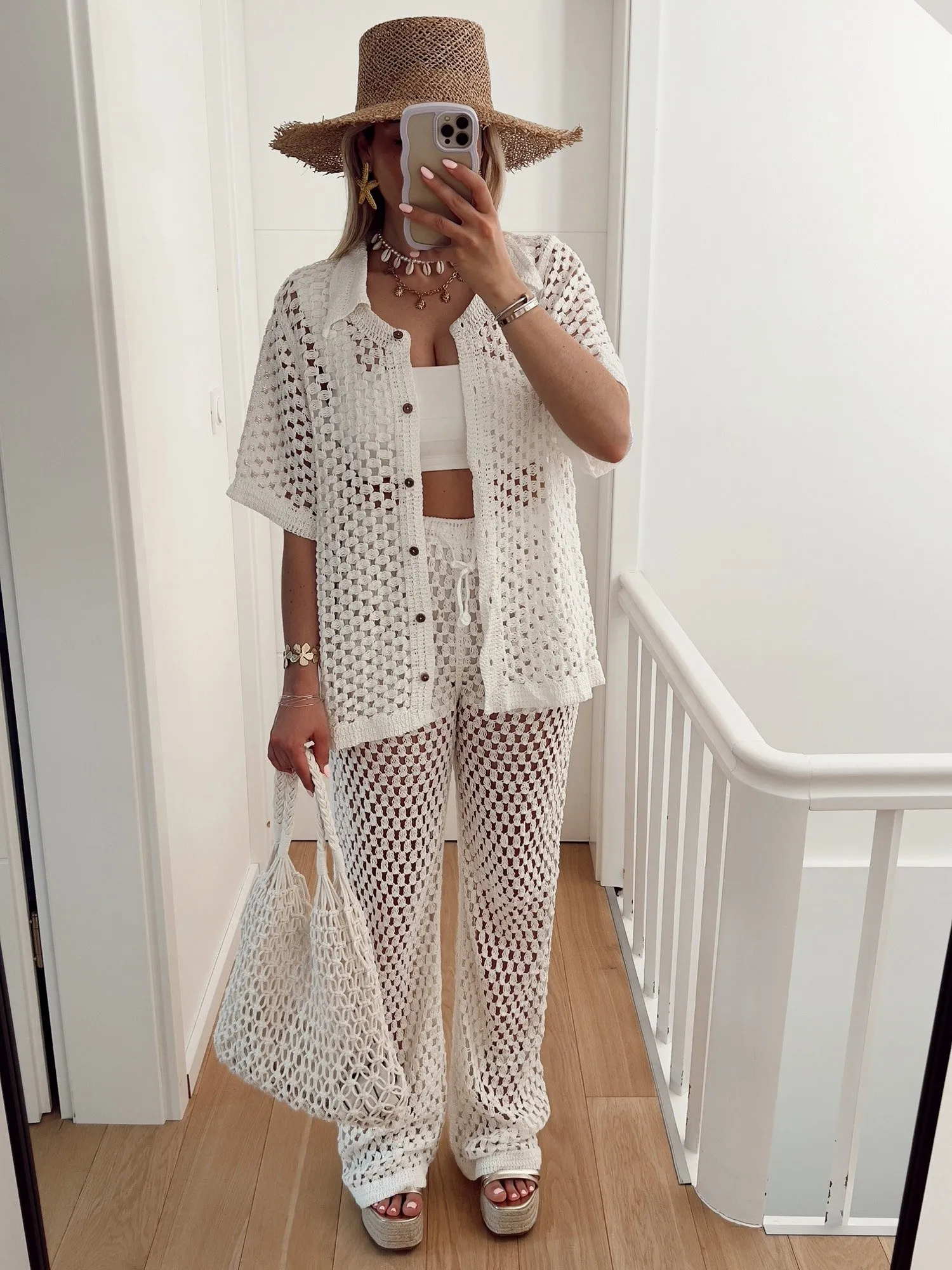 Ensemble JACOB Chemise manches courtes et pantalon en crochet blanc