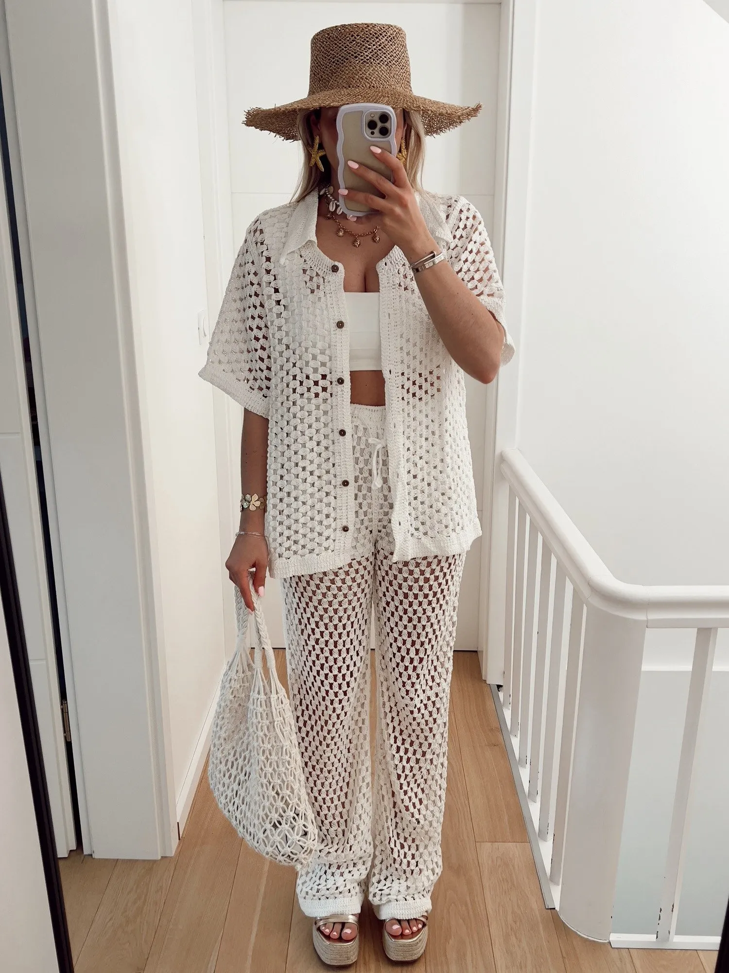 Ensemble JACOB Chemise manches courtes et pantalon en crochet blanc