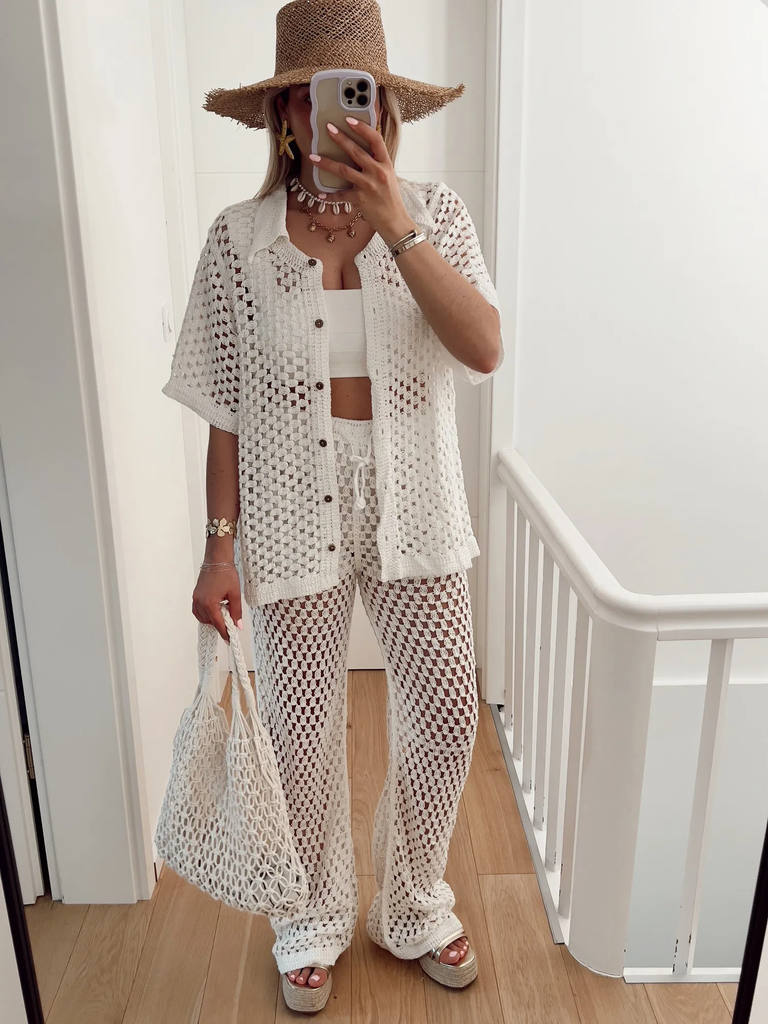 Ensemble JACOB Chemise manches courtes et pantalon en crochet blanc