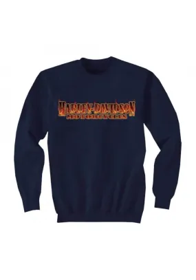 Harley Davidson Homme Inferno Flaming Script Crew Sweatshirt, Bleu