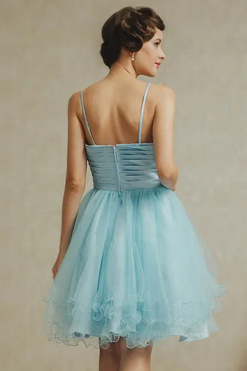 Mini robe mariage cortège bleu pastel effet vaporeux en tulle à brtelle fine