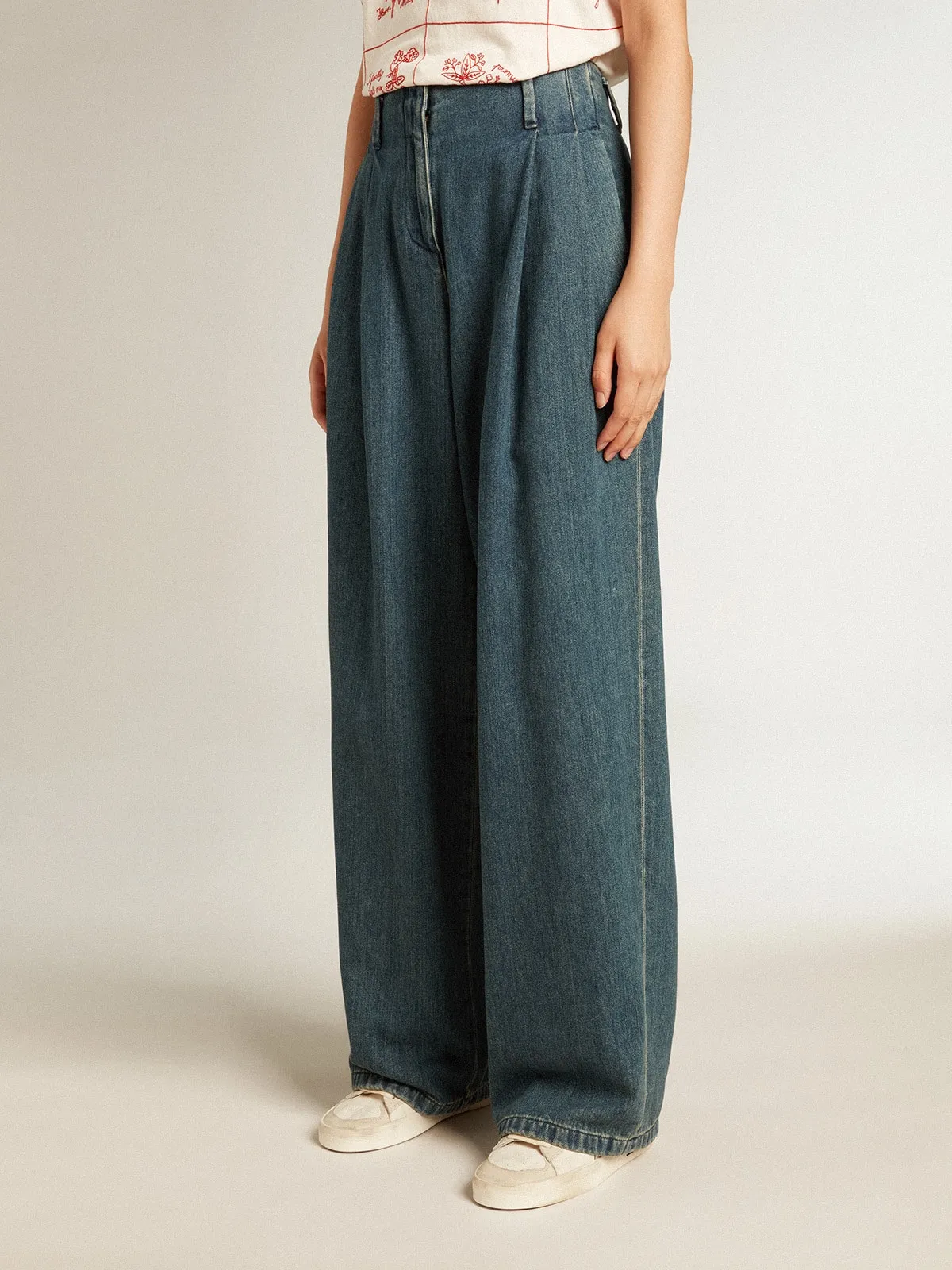 Pantalon à pince pour femme en coton bleu