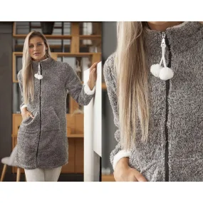 Peignoir d'intérieur uni et pompons femme-gris chiné | 3 Suisses