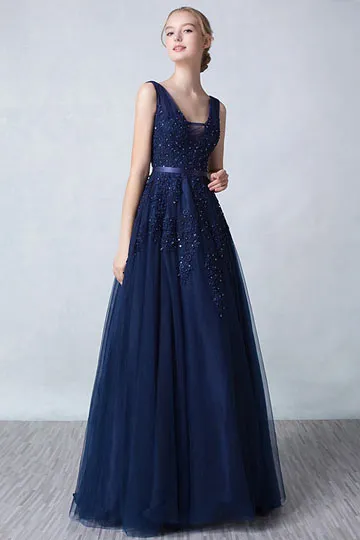 Robe bleu nuit longue féerique décolleté en V appliquée