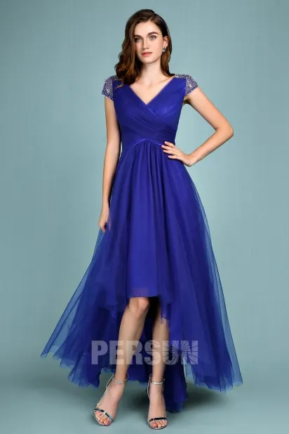 Robe bleu roi pour mariage courte devant longue derrière en tulle