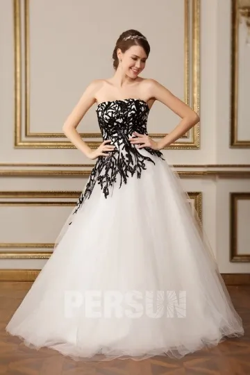 Robe chic de mariée à bustier droit noire et blanche en motif