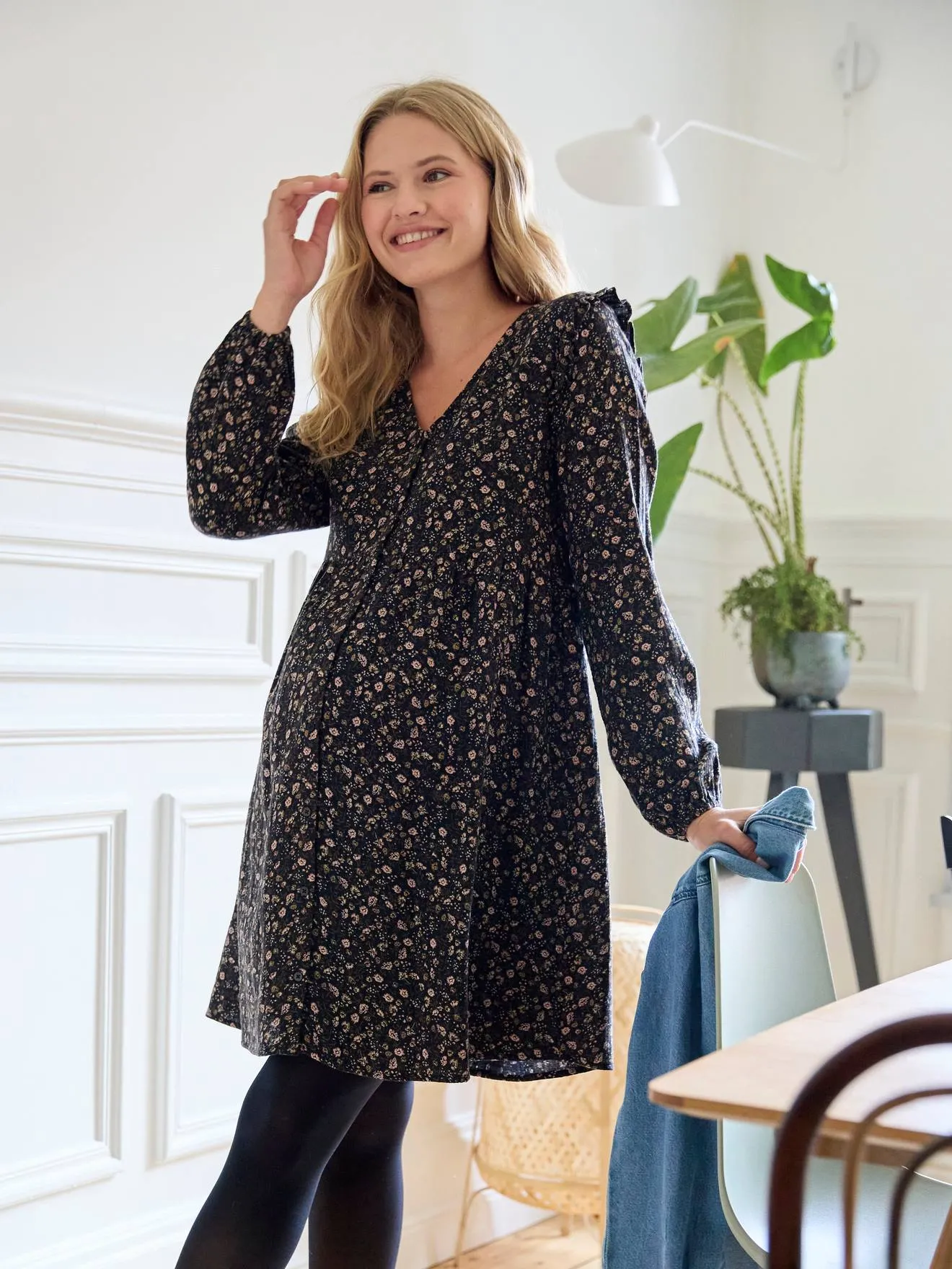 Robe courte gaze de coton grossesse et allaitement noir - Vertbaudet