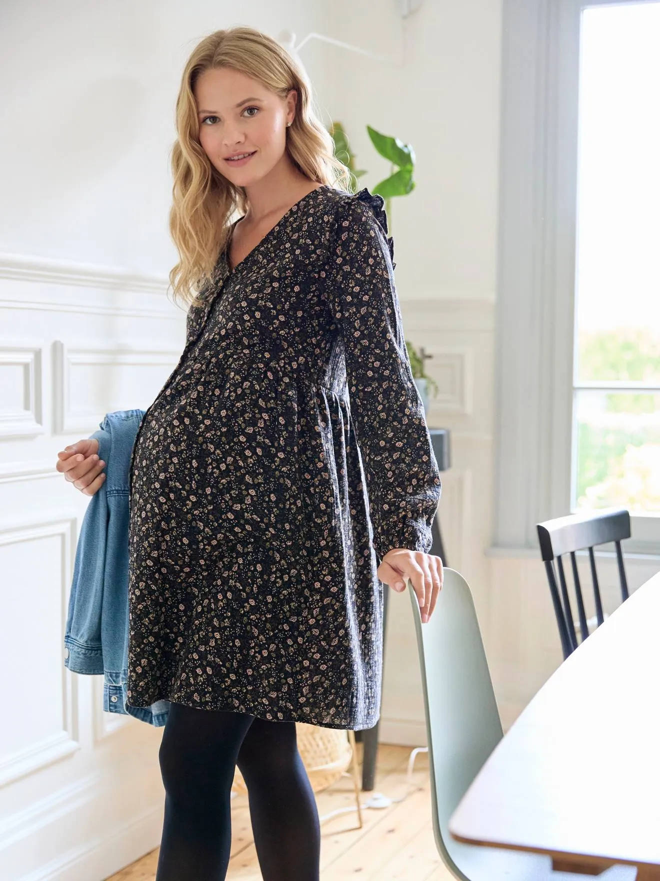 Robe courte gaze de coton grossesse et allaitement noir - Vertbaudet