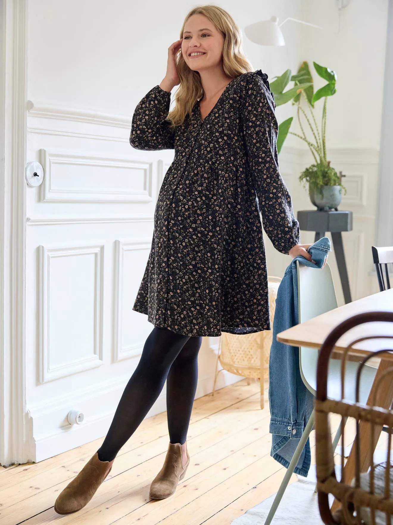 Robe courte gaze de coton grossesse et allaitement noir - Vertbaudet