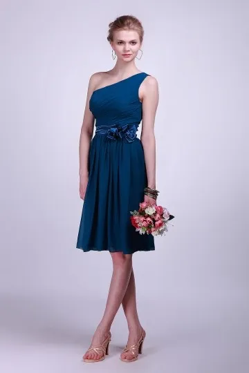 Robe courte pour mariage bleue asymétrique plissé ornée de fleur à la main