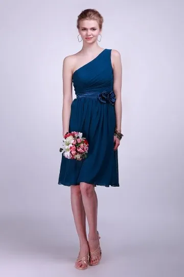 Robe courte pour mariage bleue asymétrique plissé ornée de fleur à la main