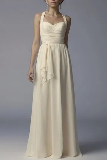 Robe crème longue bustier cœur aux bretelles croisées dans le dos pour fiançailles