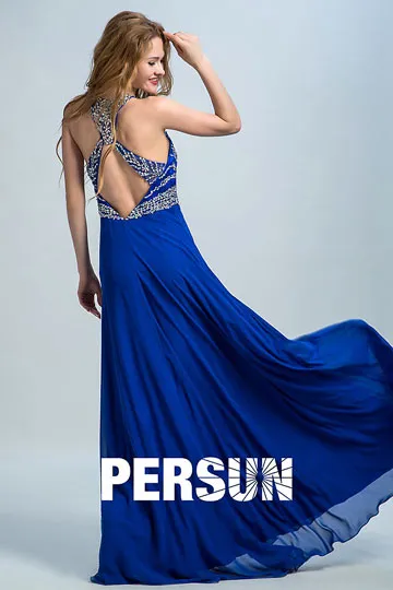 Robe de fiançailles bleue à haut en strass col halter dos découpe