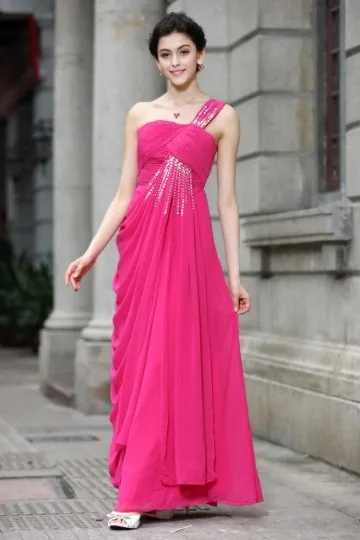 Robe fuchsia pour mariage longue asymétrique bustier plissée & bretelle bijoutée