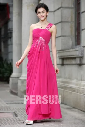 Robe fuchsia pour mariage longue asymétrique bustier plissée & bretelle bijoutée