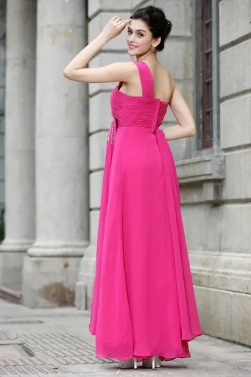 Robe fuchsia pour mariage longue asymétrique bustier plissée & bretelle bijoutée