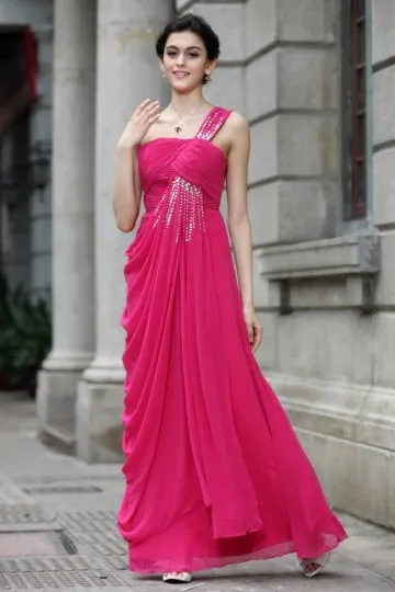 Robe fuchsia pour mariage longue asymétrique bustier plissée & bretelle bijoutée