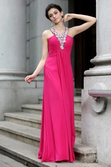 Robe fuchsia pour mariage longue élégante bustier plissé à bretelle strassée