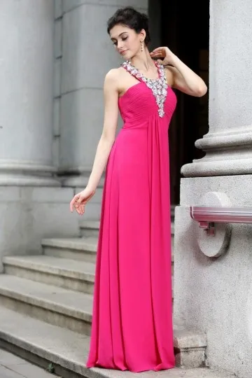 Robe fuchsia pour mariage longue élégante bustier plissé à bretelle strassée