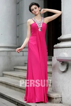 Robe fuchsia pour mariage longue élégante bustier plissé à bretelle strassée