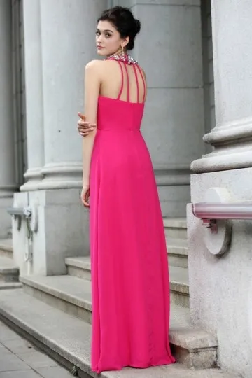 Robe fuchsia pour mariage longue élégante bustier plissé à bretelle strassée