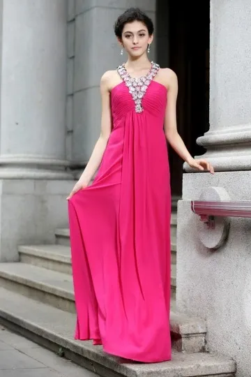 Robe fuchsia pour mariage longue élégante bustier plissé à bretelle strassée