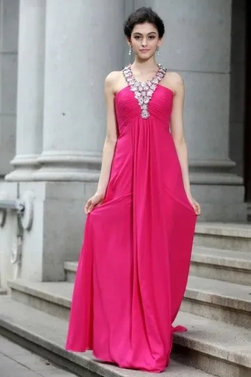 Robe fuchsia pour mariage longue élégante bustier plissé à bretelle strassée