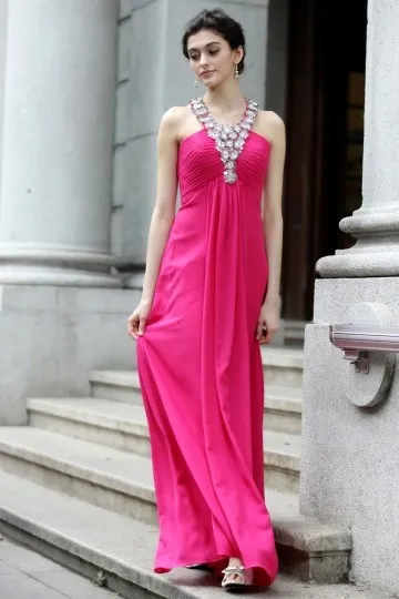 Robe fuchsia pour mariage longue élégante bustier plissé à bretelle strassée