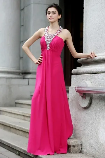 Robe fuchsia pour mariage longue élégante bustier plissé à bretelle strassée