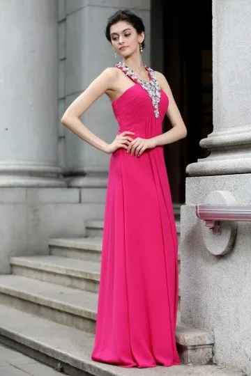 Robe fuchsia pour mariage longue élégante bustier plissé à bretelle strassée