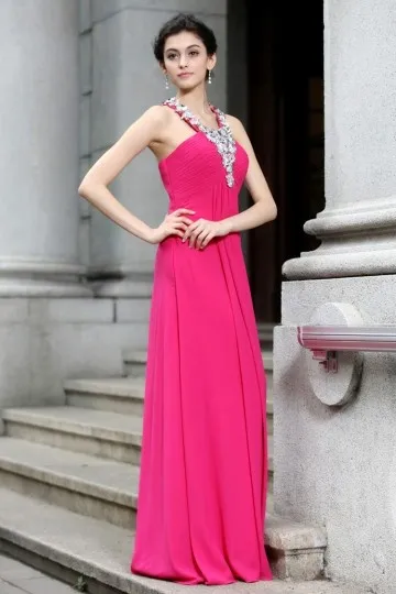 Robe fuchsia pour mariage longue élégante bustier plissé à bretelle strassée