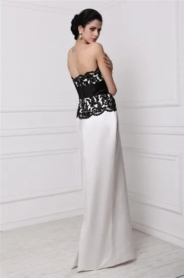 Robe longue invitée mariage colonne noire et blanche bustier en dentelle